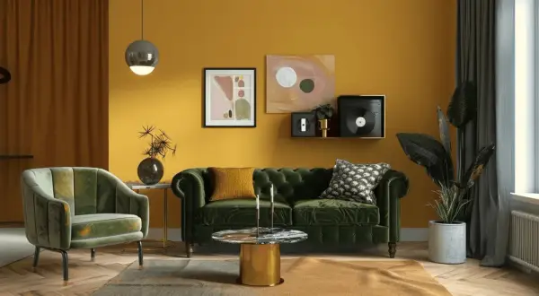 Ein Wohnzimmer mit senfgelben Wänden. Ein grünes Samtsofa und ein Sessel. Welcher Farbe passt zu Gold? Der goldene Couchtisch und Akzente im Bild zeigen, dass Grün und Gelb gut harmonieren.