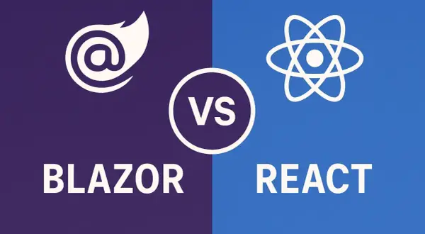 Logo Blazor i React obok siebie z napisem "VS" pośrodku.