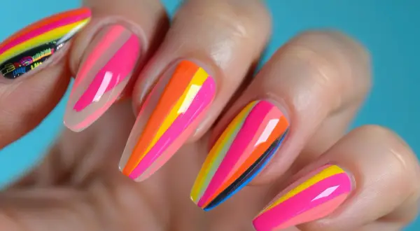 Kolorowy, neonowy manicure na lato w paski. Odcienie różu, pomarańczu, żółci i błękitu tworzą energetyczną kompozycję.