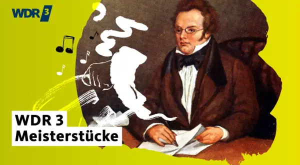 Ein Mann mit Brille und Schleife, umgeben von Noten und weißer Farbe, die an gruselige Musik erinnert. WDR 3 Meisterstücke.