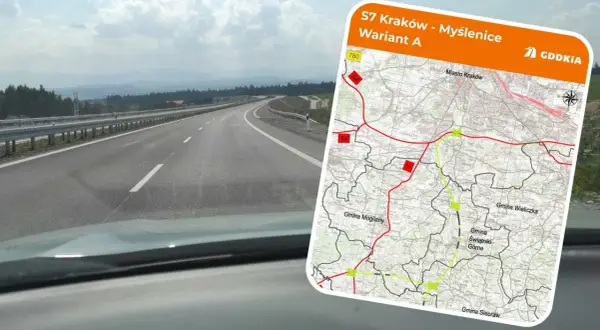 Droga S7 Kraków - Myślenice, wariant A, z mapą przebiegu trasy i widokiem na pustą autostradę.
