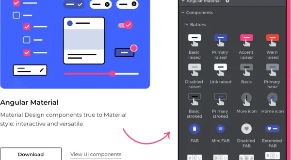 Composants Angular Material avec des éléments angulaires, incluant des boutons et des sélecteurs, présentés dans une interface de bibliothèque de design.