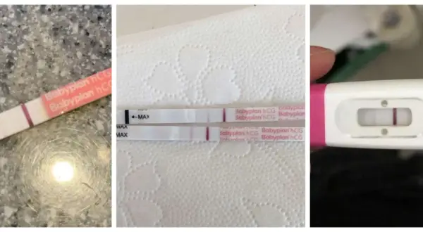 Tre graviditetstest visar ett svagt positivt resultat. En svag rosa linje syns på alla tre testen.