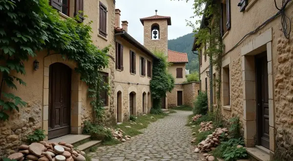Ruelle pavée d'un village abandonné, envahie par la végétation. Une tour de cloche se dresse au loin, témoin silencieux d'un passé révolu.