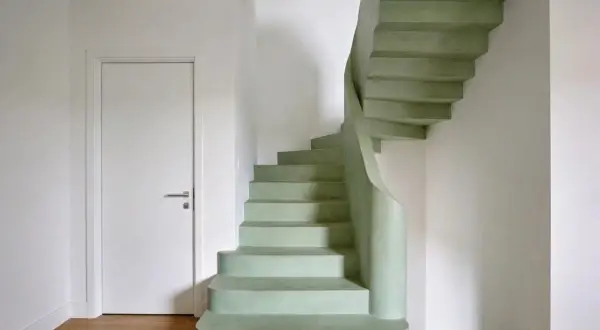 Escaleras curvas de microcemento en tono verde menta, con una puerta blanca y suelo de madera.