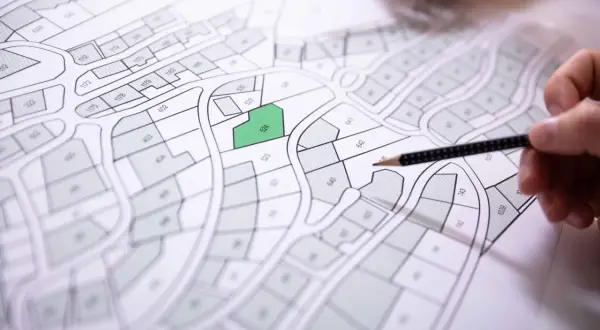 Des parcelles sont dessinées sur des matrices cadastrales, une est mise en évidence en vert. Des mains tiennent des crayons pour étudier le plan.