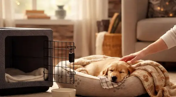 Un cachorro dorado duerme plácidamente en su cama, acurrucado bajo una manta. Una mano acaricia su cabeza, demostrando cómo dormir a un cachorro de 2 meses con ternura y seguridad.