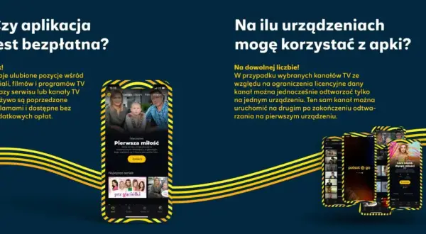 Grafika przedstawia ekran telefonu z aplikacją Polsat Go, na którym widać okładki seriali i filmów.