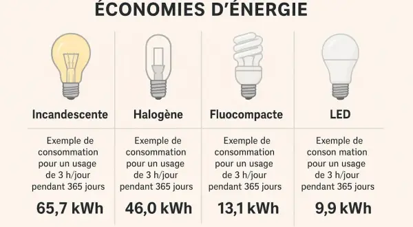 Comparaison de la consommation d'énergie des ampoules : halogène (46 kWh) vs LED (9,9 kWh) et autres. Les avantages et inconvénients sont illustrés.