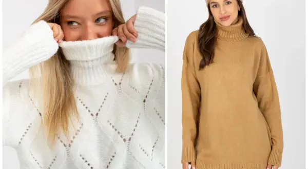 Dwa swetry damskie plus size: biały z golfem i ażurowym wzorem oraz camelowy, luźny golf.