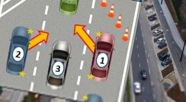 Ilustracja pokazuje manewr zmiany pasa ruchu. Samochody z numerami 1, 2 i 3 wykonują sekwencję ruchów, by bezpiecznie zmienić pas.
