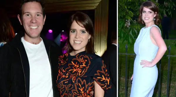 Prinsessan Eugenie ler i en ljusblå klänning utomhus. Till vänster syns hon med en man i mörk jacka.