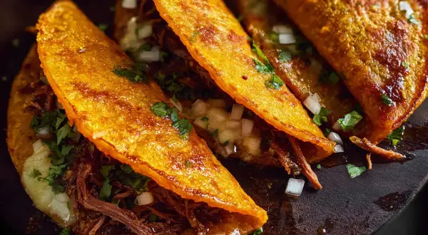 Tre saftiga birria tacos med strimlat kött, lök och koriander på en mörk träbricka.
