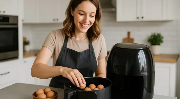 Uśmiechnięta kobieta wkłada jajka do frytkownicy beztłuszczowej. Szybkie i zdrowe jajka z airfryer to jej sekret na pyszne śniadanie.