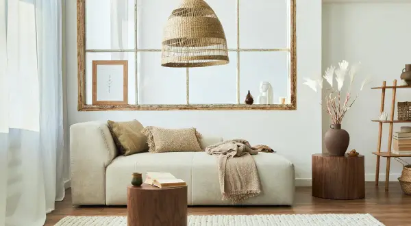 Un salon lumineux avec un canapé beige, des coussins texturés et une couverture. Une idée pour comment agrandir une pièce : misez sur la lumière naturelle et des tons clairs.