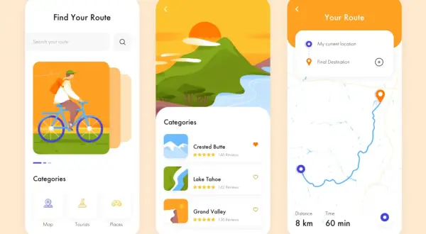 A route-finding app showcasing vibrant, best app color schemes. It features a cyclist illustration, destination categories, and a map with route details.