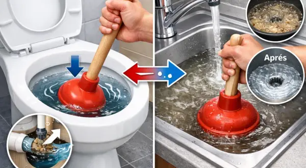 Utilisation d'une ventouse pour le débouchage de canalisation dans une toilette et un évier. Avant/Après montre l'efficacité.