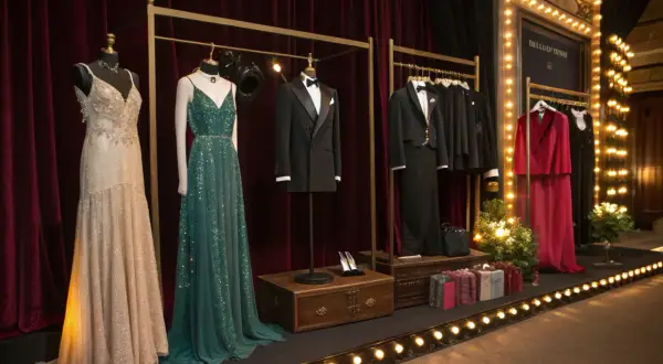 Eleganckie suknie i smokingi na manekinach. Inspiracja, co założyć do teatru, by wyglądać olśniewająco.