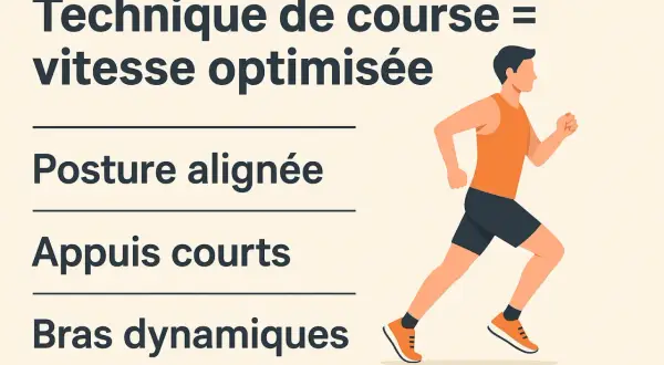 Un coureur en plein entrainement sprint, avec une posture alignée, des appuis courts et des bras dynamiques pour une vitesse optimisée.