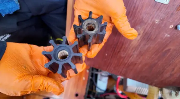 Mani con guanti arancioni mostrano giranti di una pompa, simili a quelle usate per capire come funziona un motore diesel.