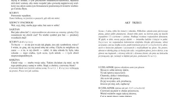 Fragment tekstu z nagłówkami i dialogami, z zaznaczonymi imionami postaci.