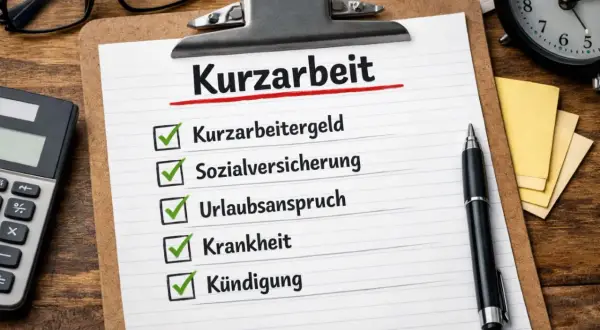 Checkliste für Kurzarbeit: alle Voraussetzungen wie Kurzarbeitergeld, Sozialversicherung, Urlaubsanspruch, Krankheit und Kündigung sind abgehakt.