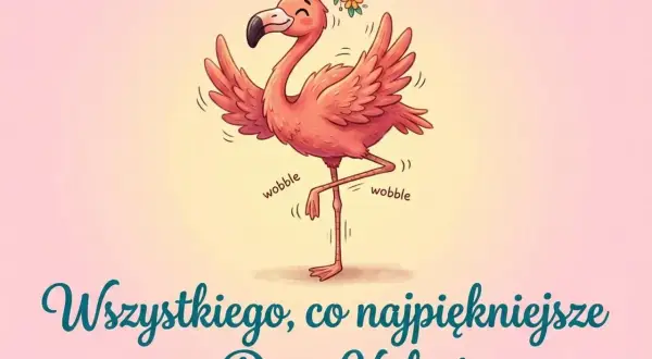 Różowy flaming w wianku tańczy, śmieszne życzenia na Dzień Kobiet!