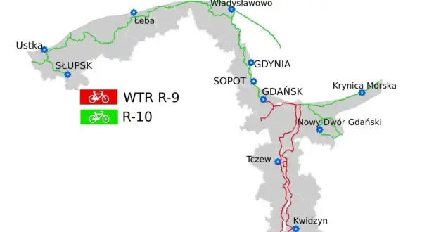 Mapa tras rowerowych WTR R-9 (czerwona) i R-10 (zielona) wzdłuż wybrzeża i w głąb lądu, łącząca miasta takie jak Ustka, Gdańsk, Krynica Morska i Kwidzyn.