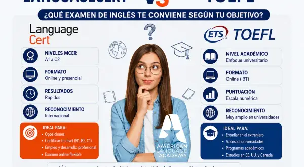Joven reflexiona sobre exámenes de inglés para **intercambios al extranjero**. Compara Language Cert y TOEFL, sus niveles, formatos y reconocimientos.