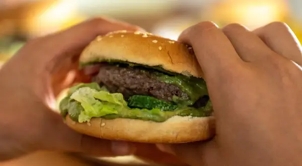 Hände halten einen saftigen Burger mit Hackfleisch. Ein köstliches Beispiel für Hackfleischgerichte, das zum Reinbeißen einlädt.