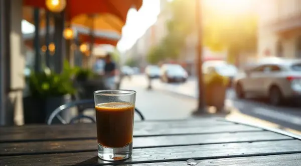 Ett glas ristretto kaffe står på ett träbord utanför ett café. Solen skiner på en gata med bilar i bakgrunden.