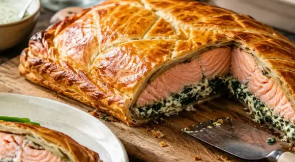 Un délicieux saumon en croûte doré, garni d'épinards crémeux, est coupé pour révéler sa chair rose tendre. Une part est servie sur une assiette.