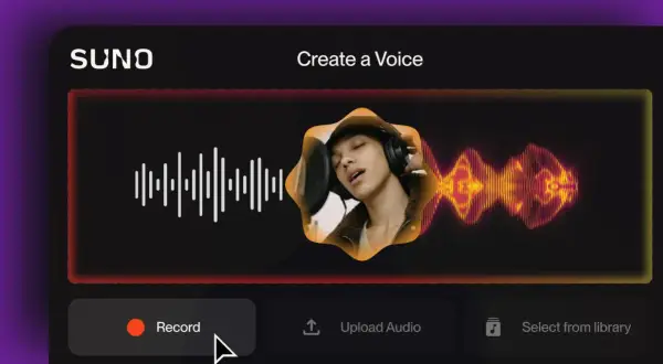 Suno music interface shows a young person singing into a microphone, with a waveform visualization. Options to Record, Upload Audio, or Select from library.