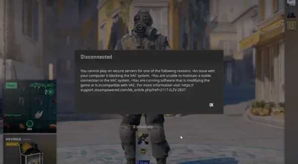Komunikat "Disconnected: system VAC nie mógł zweryfikować sesji gry" blokuje dostęp do serwerów.