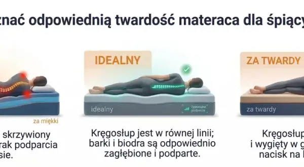 Porównanie trzech pozycji na materacu: za miękki (kręgosłup wygięty), idealny (kręgosłup prosty) i za twardy (kręgosłup napięty).