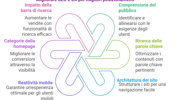 Schema su come migliorare la user experience sito web: SEO, ricerca, pubblico, parole chiave, architettura, mobile.