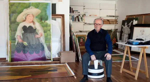Fernando Botero's Mona Lisa, a voluminous interpretation, is displayed in his studio.