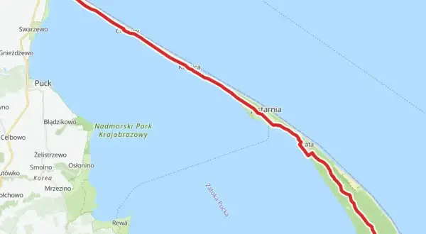 Trasa rowerowa EuroVelo 10 wzdłuż Półwyspu Helskiego, od Władysławowa po Hel, przez Nadmorski Park Krajobrazowy.