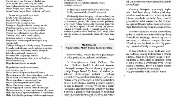 Litania do Matki Bożej Jasnogórskiej, modlitwa o wierność i obronę narodu.