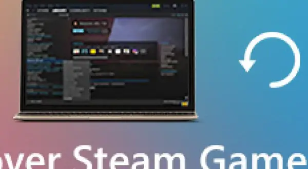 Laptop z interfejsem Steam i ikoną odzyskiwania.