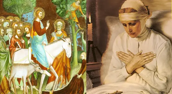 Jezus na osiołku w tłumie ludzi i kobieta w białej opasce na głowie, która została wskrzeszona przez Jezusa.