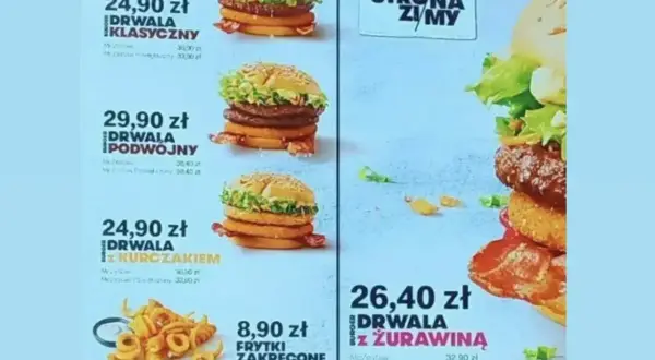 Menu z burgerami Drwala. Klasyczny, podwójny, z kurczakiem i żurawiną. Obok frytki zakręcone. Ile kalorii ma burger wołowy z frytkami?