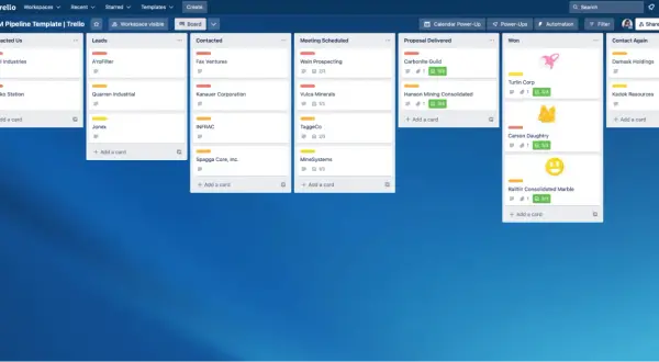 Tablero de Trello con columnas: Contactados, Leads, Contacto, Reunión Agendada, Propuesta Entregada y Ganados. Muestra herramientas de ventas para gestionar clientes.
