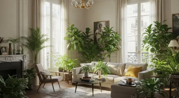 Salon parisien baigné de lumière, orné de nombreuses plantes d'intérieur luxuriantes. Un canapé confortable, une cheminée et des fenêtres donnant sur la ville.