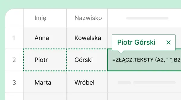 Jak podzielić komórkę w Excelu? Przykład łączenia imienia i nazwiska: Piotr Górski.
