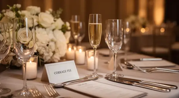 Elegancko nakryty stół weselny z kieliszkami szampana, świecami i bukietem białych róż. Kartka z napisem "Corkage Fee" informuje o opłacie za wniesienie własnego alkoholu.