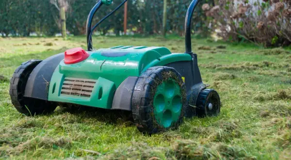 Zielony aerator do trawnika pracuje na wilgotnej trawie, pozostawiając za sobą ślady po wertykulacji.