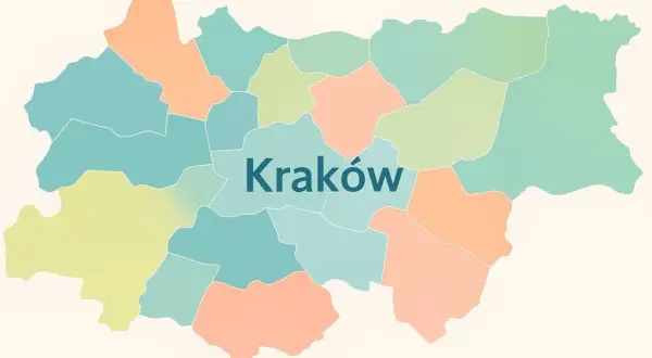 Mapa Krakowa z zaznaczonymi kolorowymi dzielnicami.