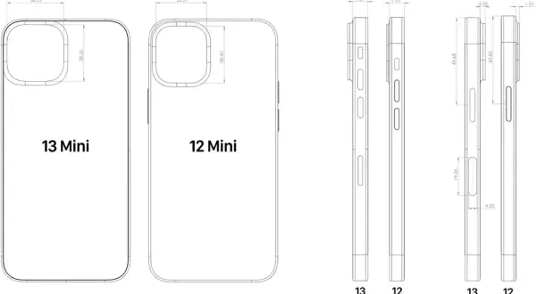 Schémas comparant l'iPhone 13 Mini et l'iPhone 12 Mini, avec des mesures détaillées du **taille d'écran** et des dimensions.
