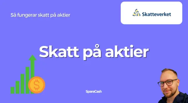 Grafisk illustration som visar en stigande stapelgraf med en dollar-symbol, samt texten "Skatt på aktier". Skatteverkets logotyp syns också.